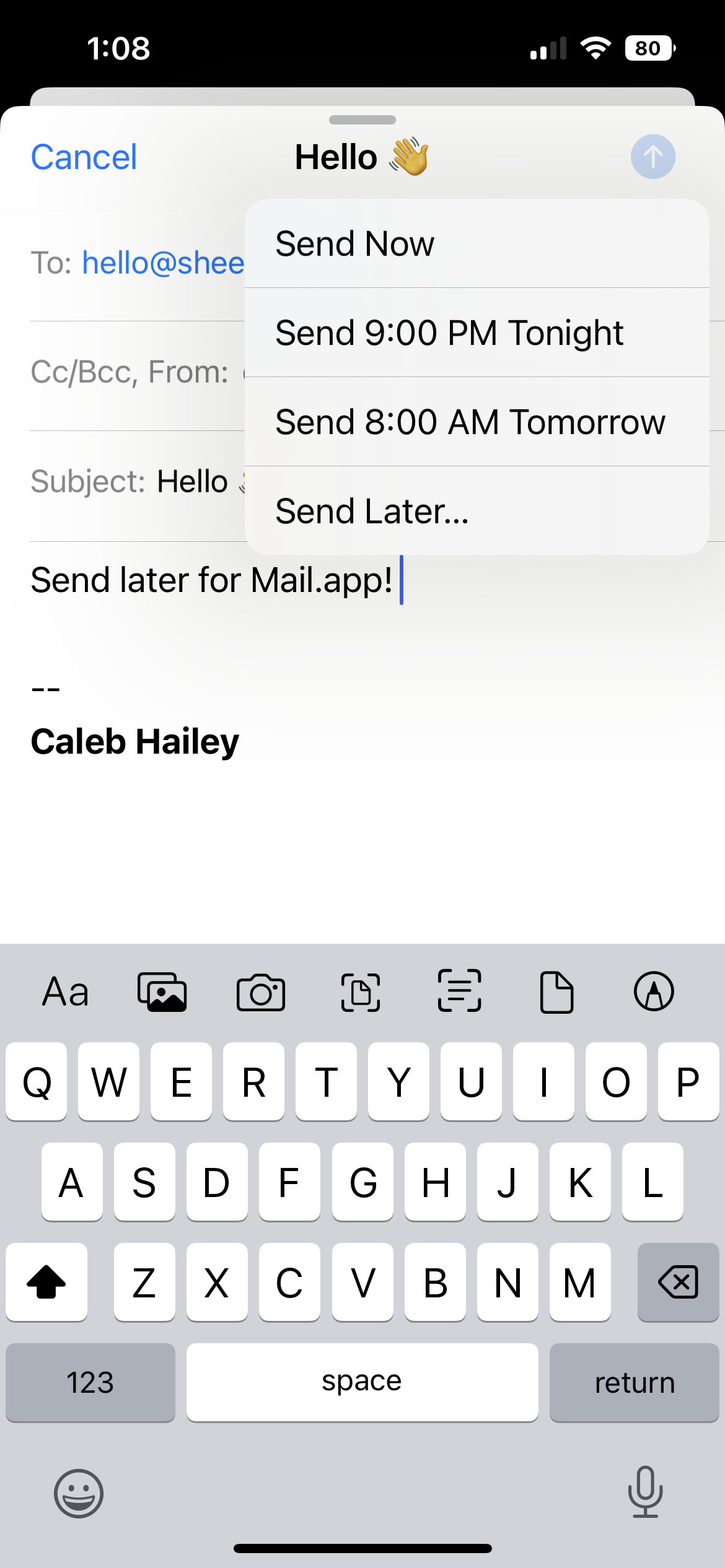 Scheduled send for Mail.app on iPhone (via iOS 16 Beta).